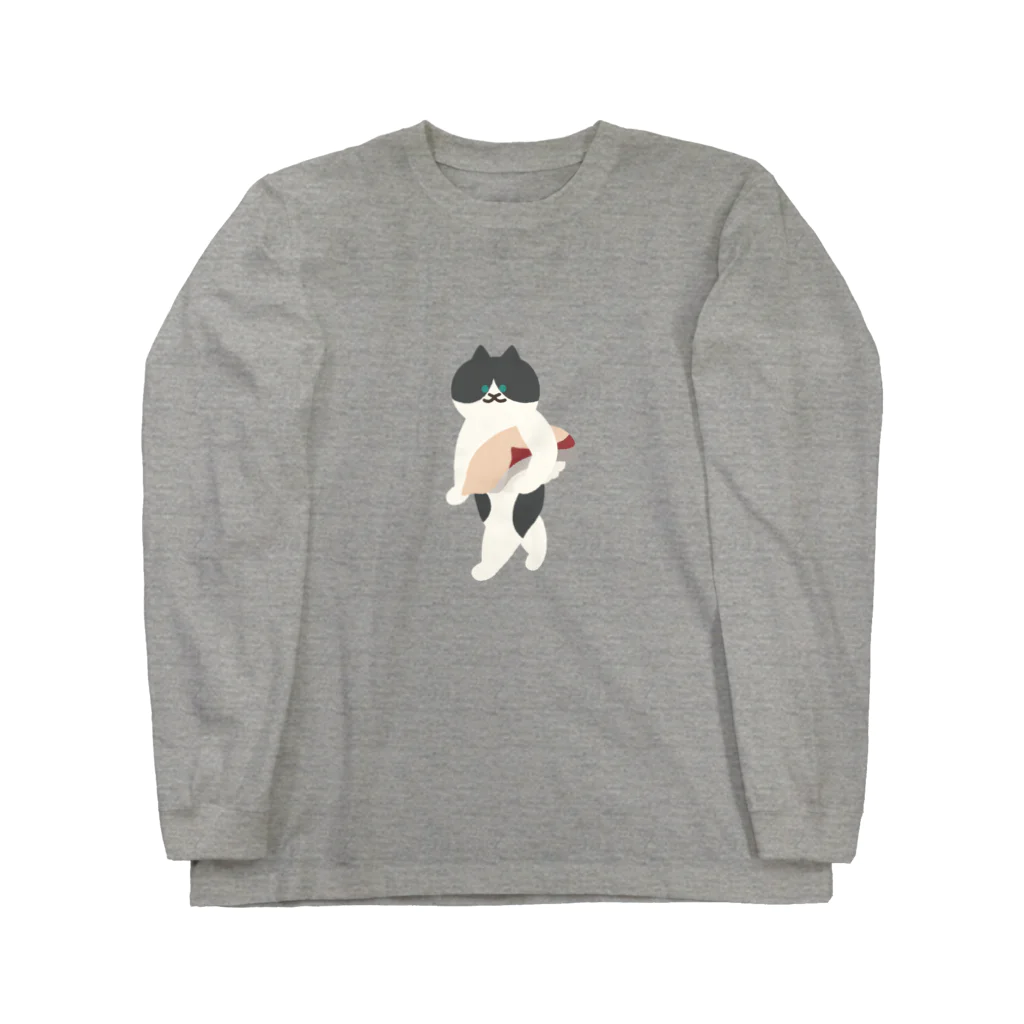 SUIMINグッズのお店の【中】はまちの握り寿司を前のめりに運ぶねこ Long Sleeve T-Shirt