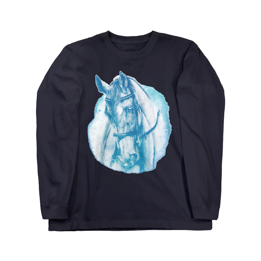 馬の絵の画家　斉藤いつみのサラブレッドのお顔Tシャツ（ブルー） Long Sleeve T-Shirt