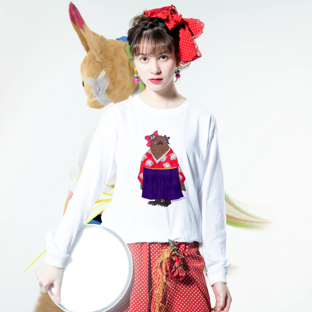 ヤママユ(ヤママユ・ペンギイナ)の着物ぺんぎんーいずれはキングヒナか杜若ー Long Sleeve T-Shirt :model wear (front)