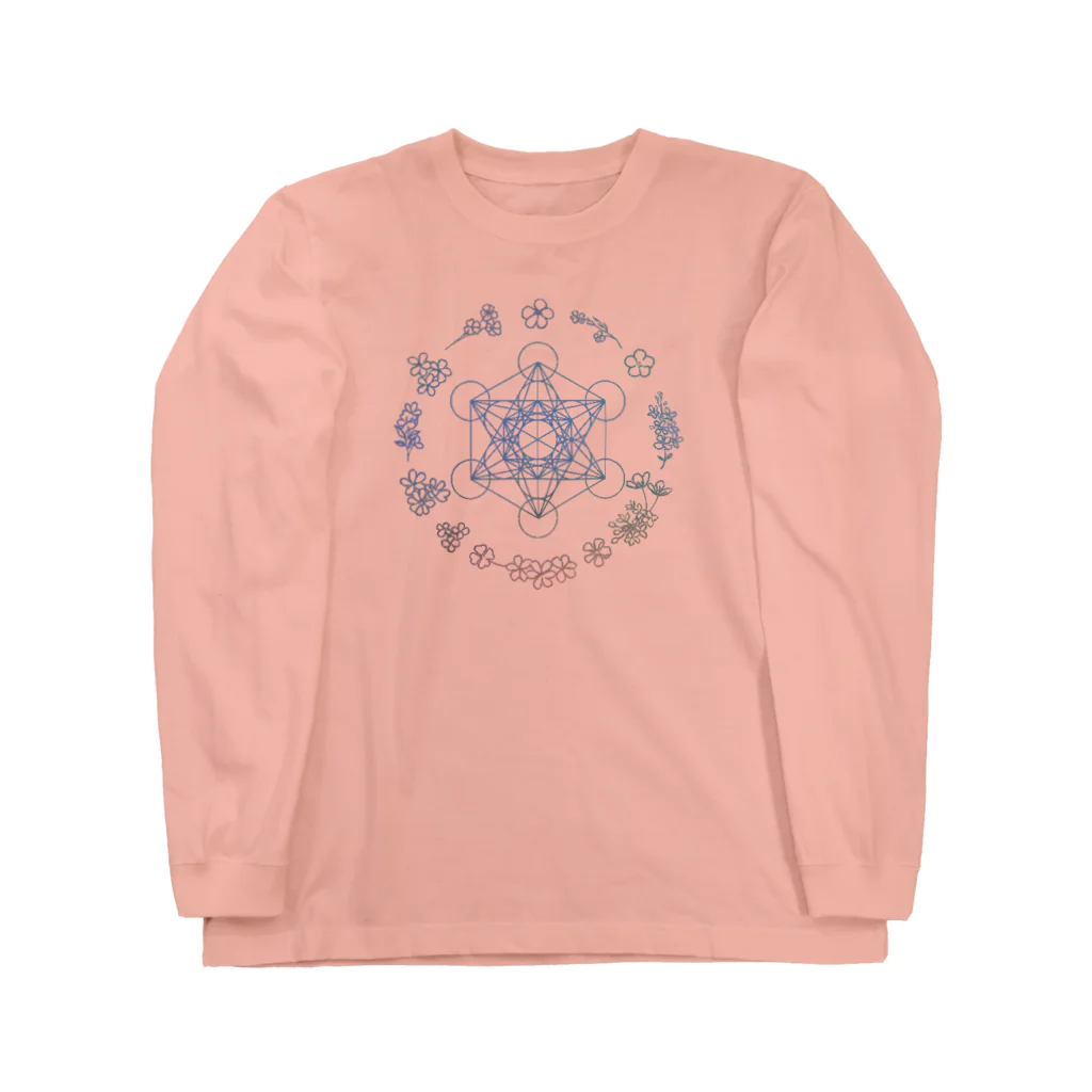 Metatron’s Cube Cosmosのメタトロンキューブ神聖幾何学と優しいパステルカラーの花のリース ロングスリーブTシャツ