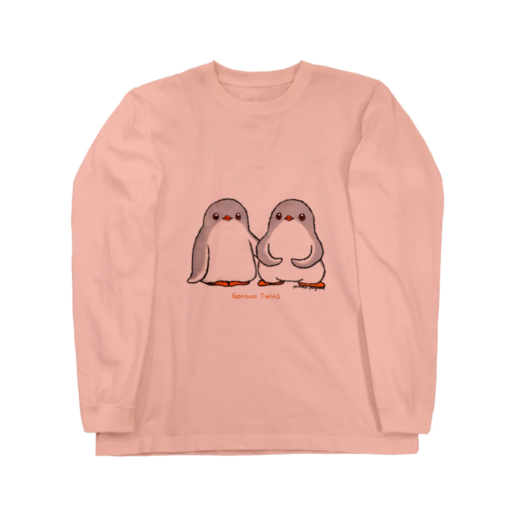 ヤママユ(ヤママユ・ペンギイナ)のふたごのジェンツーペンギン(ロゴあり) ロングスリーブTシャツ