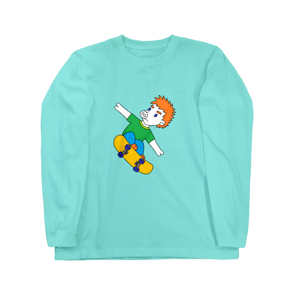 豚人イラストのパンダ武島のジャンピングスケボピッグ Long Sleeve T-Shirt