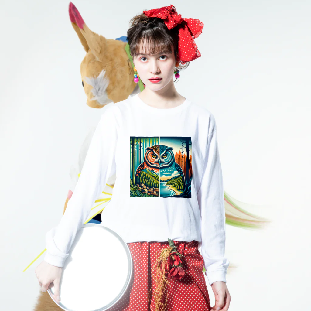 kotpopのThe Owl's Lament for the Disappearing Forests ロングスリーブTシャツの着用イメージ(表面)