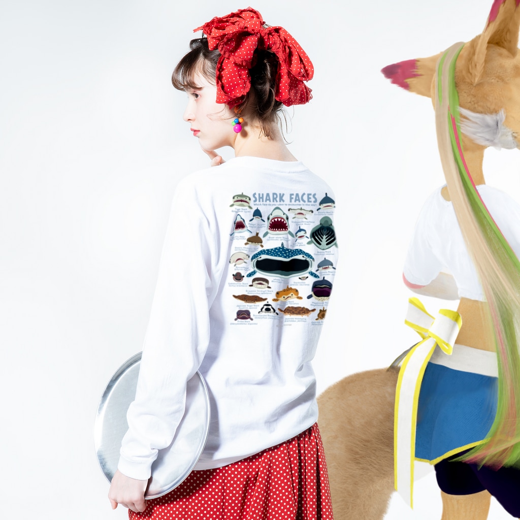 ぼくのすいぞくかん SUZURI店のサメカオdeepcolorバックプリント Long Sleeve T-Shirt :model wear (back, sleeve)