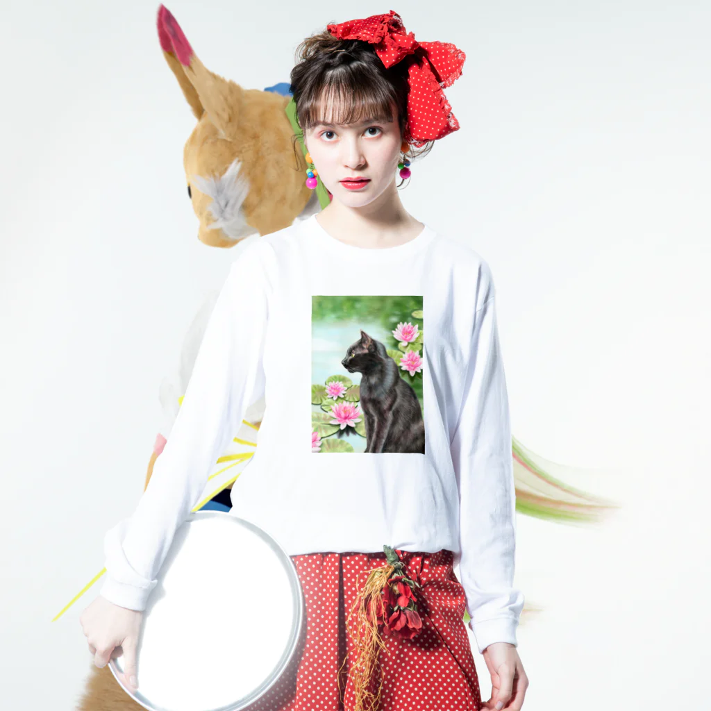 Ａｔｅｌｉｅｒ　Ｈｅｕｒｅｕｘの睡蓮と猫 ロングスリーブTシャツの着用イメージ(表面)