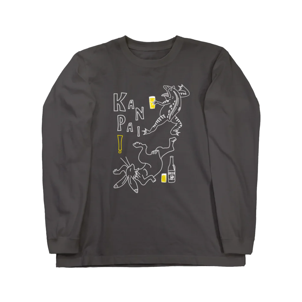 ビールとアート TM-3 Designの名画 × BEER（鳥獣戯画）ロゴ賑やかver.白線画 Long Sleeve T-Shirt