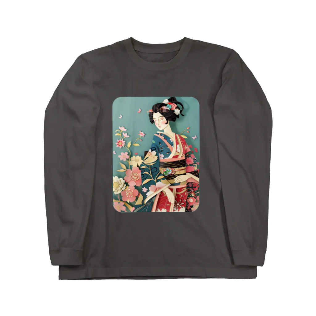 MistyStarkの着物女性の切り絵アート　―　Kimono woman paper-cutting art　ー ロングスリーブTシャツ