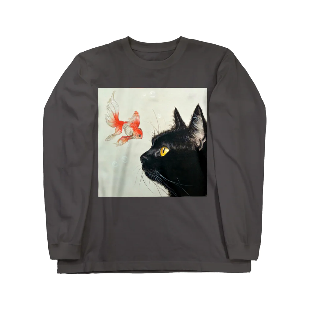 おちょぴの金魚と黒猫 ロングスリーブTシャツ