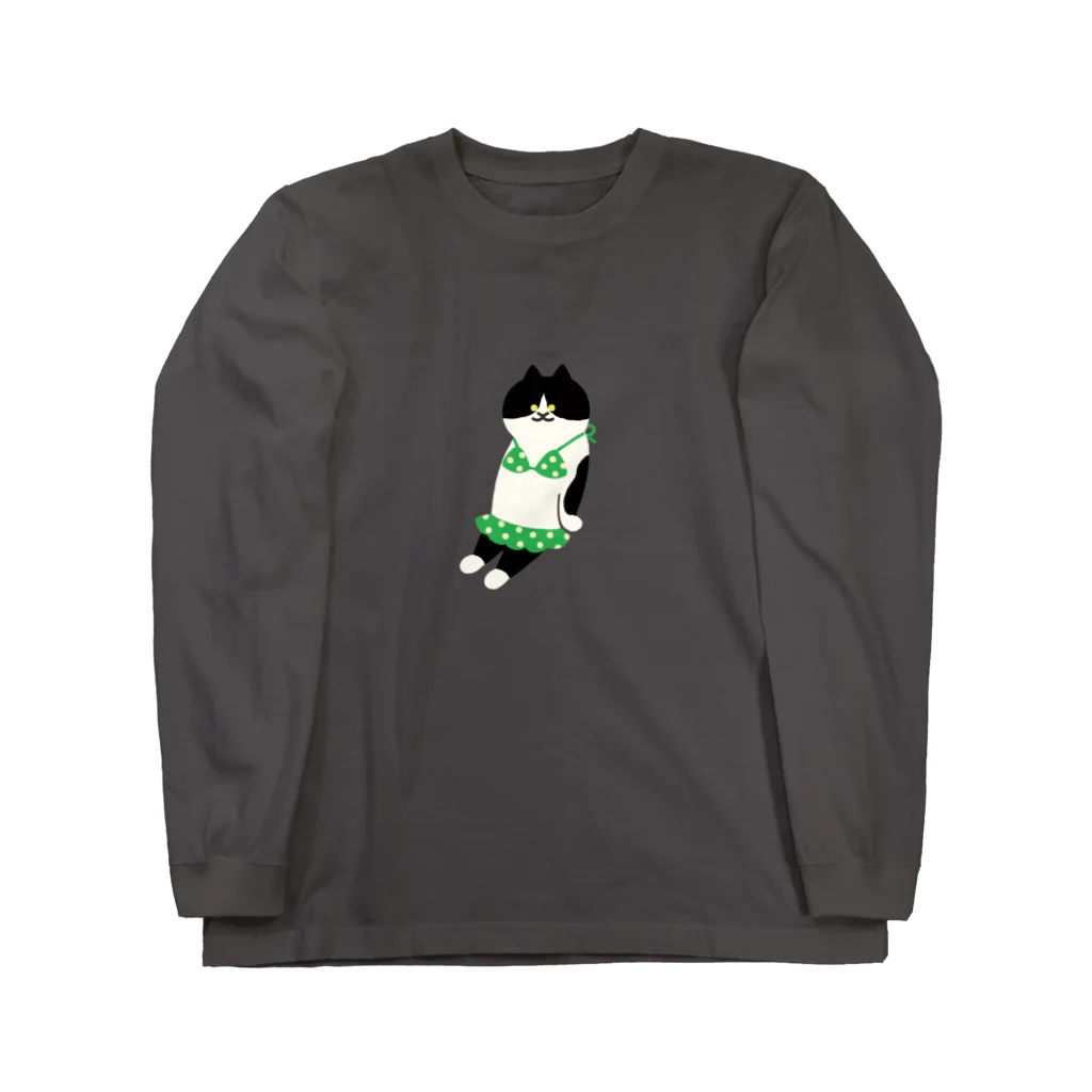 SUIMINグッズのお店の【中】緑のビキニのねこ ロングスリーブTシャツ