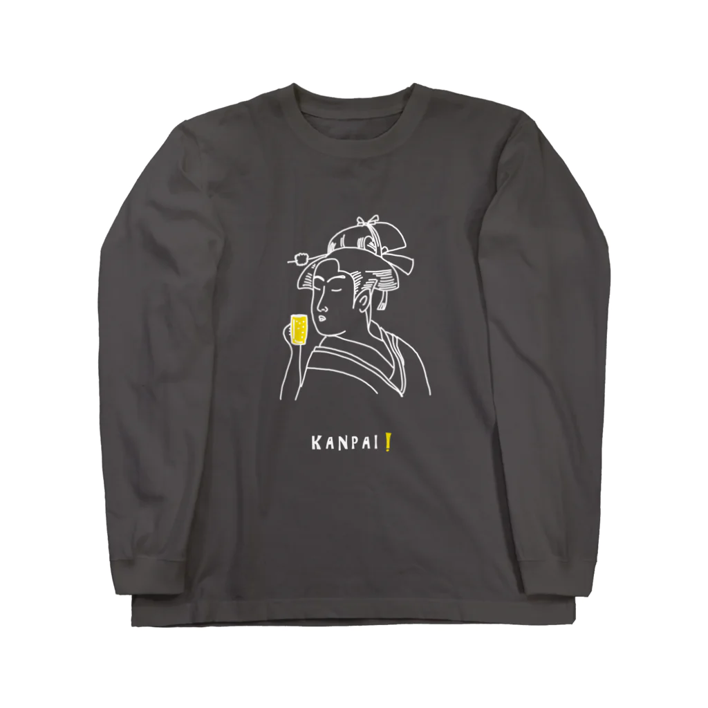 ビールとアート TM-3 Designの名画 × BEER（美人画）白線画 Long Sleeve T-Shirt