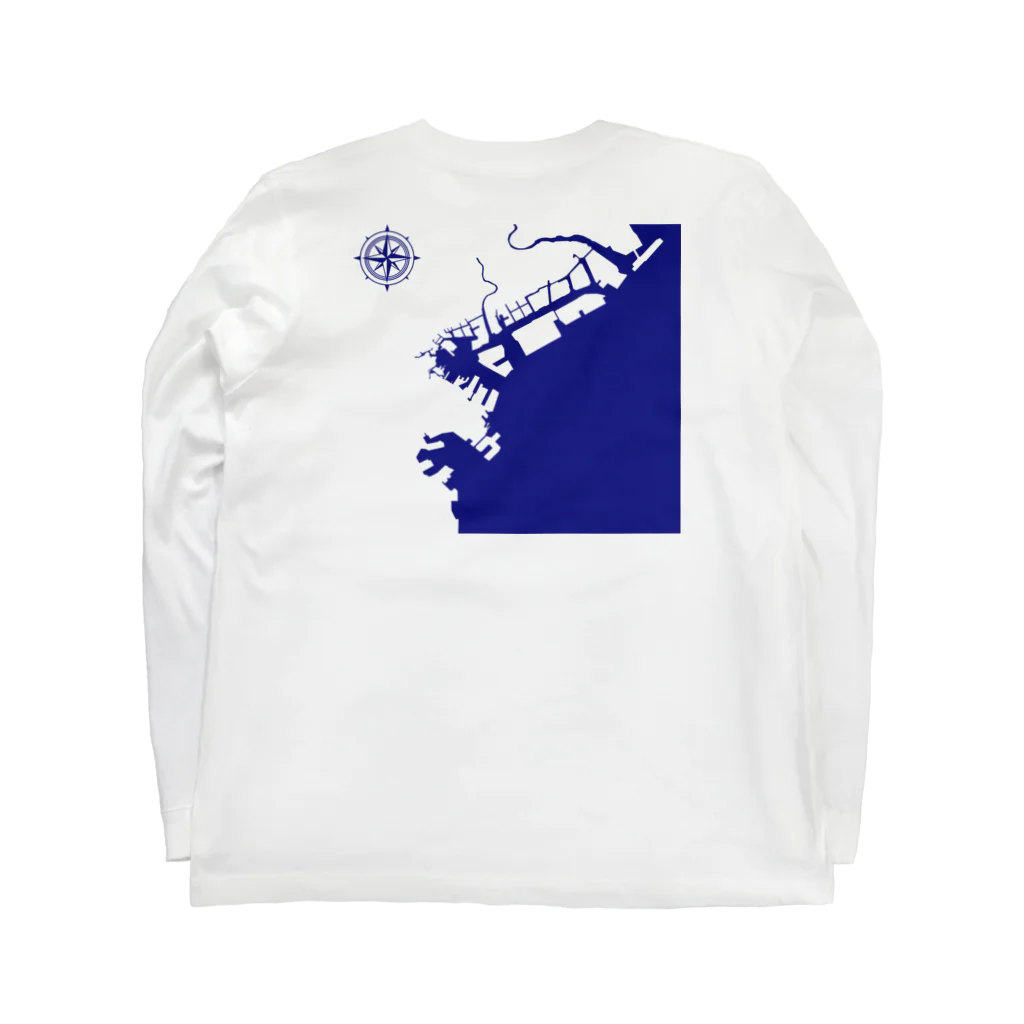 cuuyabowの横浜港海岸Map / Navy Ocean Long Sleeve T-Shirt :back