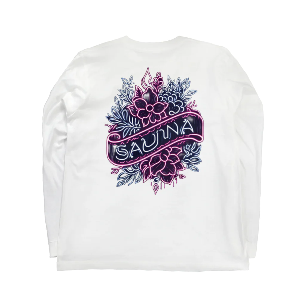 N SAUNA LOGOのネオン風花柄サウナロゴ11　花柄ver.4 ロングスリーブTシャツの裏面