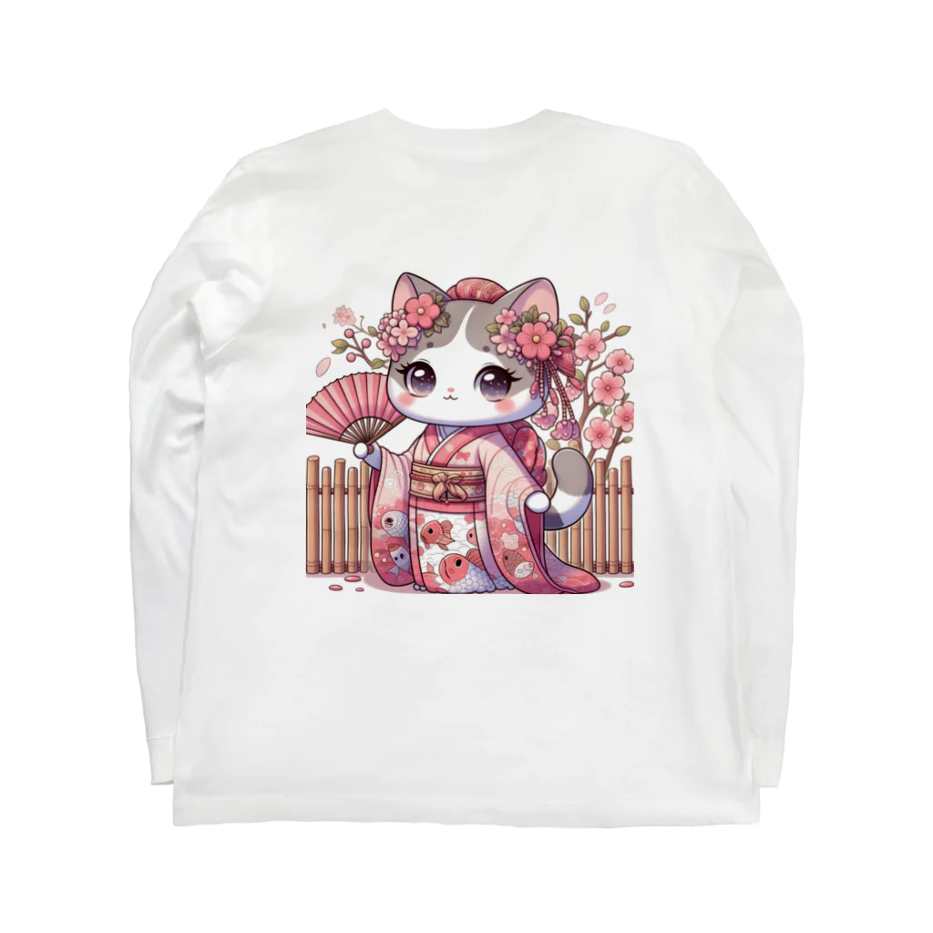 猫好き Japanの振り袖ねこ ロングスリーブTシャツの裏面