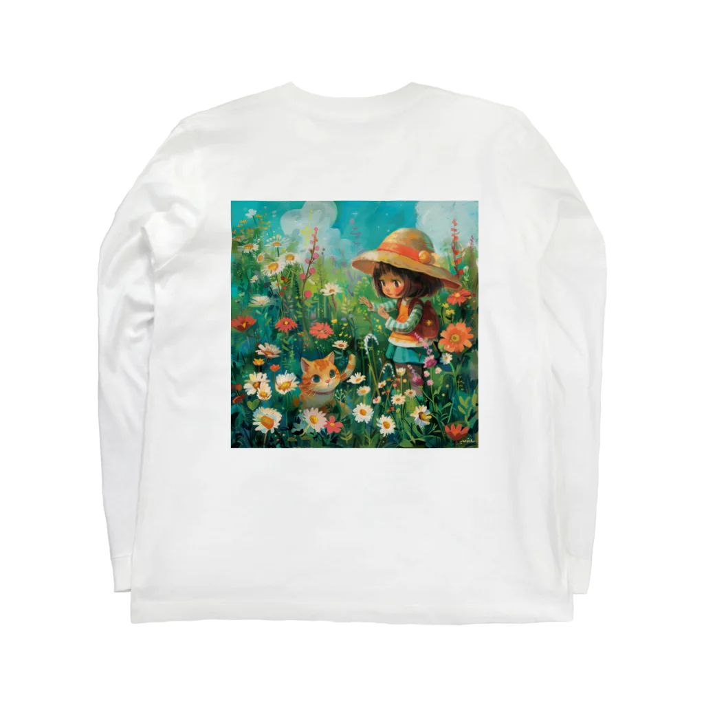 AQUAMETAVERSEのお花畑に囲まれる猫ちゃんと私 アメジスト 2846 ロングスリーブTシャツの裏面