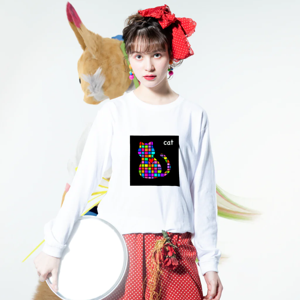 omusubiartのカラフルパズルねこ Long Sleeve T-Shirt :model wear (front)