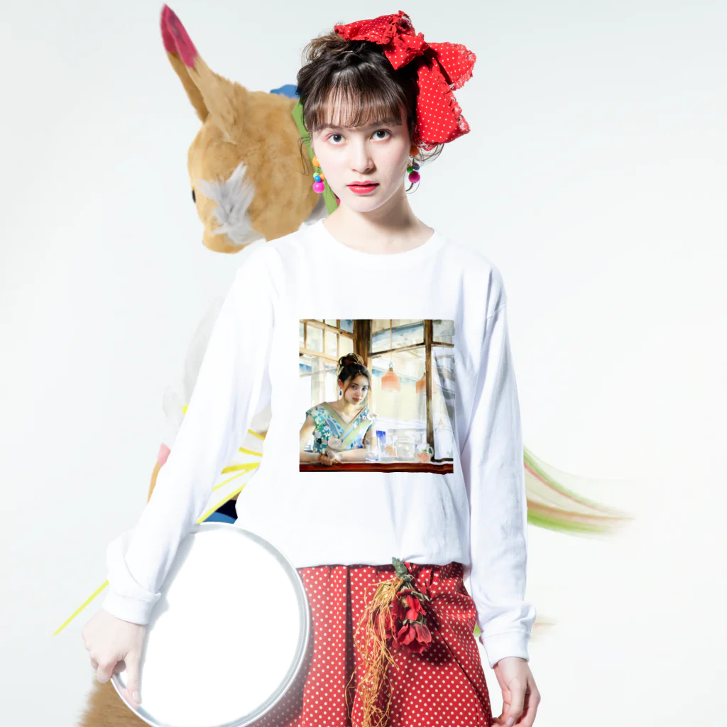 MistyStarkの日本人女性カフェ Long Sleeve T-Shirt :model wear (front)