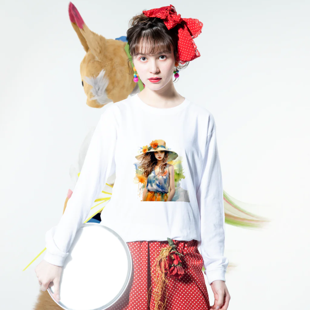 Decor&LuxuryVenusのLovely Flower-Hat Girl in Nature Long Sleeve T-Shirt :model wear (front)