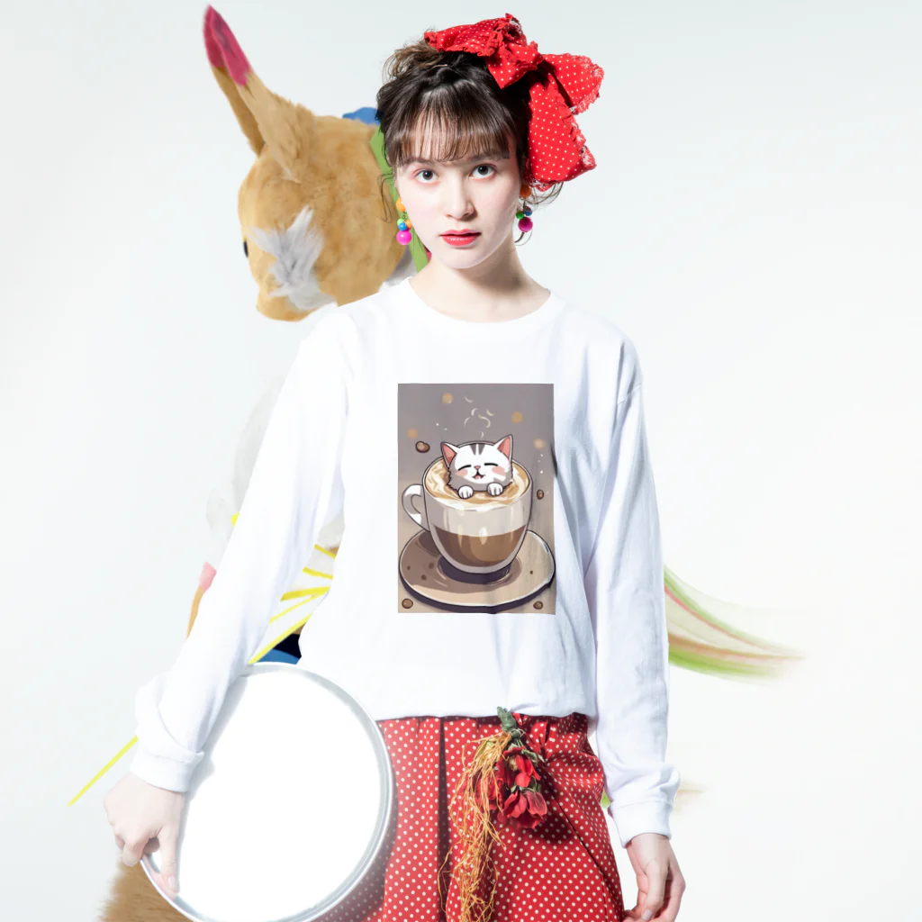 カプチーノ猫🐱の至福のカプチーノ猫🐈 ロングスリーブTシャツの着用イメージ(表面)