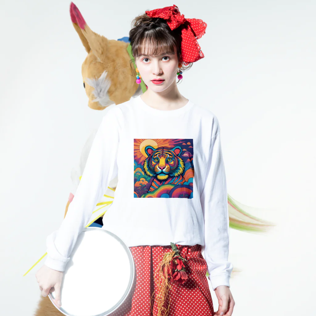 colorful-Nのカラフルなトラ Long Sleeve T-Shirt :model wear (front)