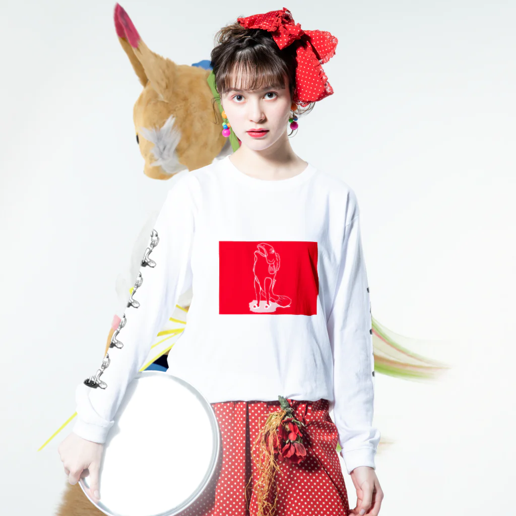 ポリフェノールのお店の紅白の魚人 Long Sleeve T-Shirt :model wear (front)