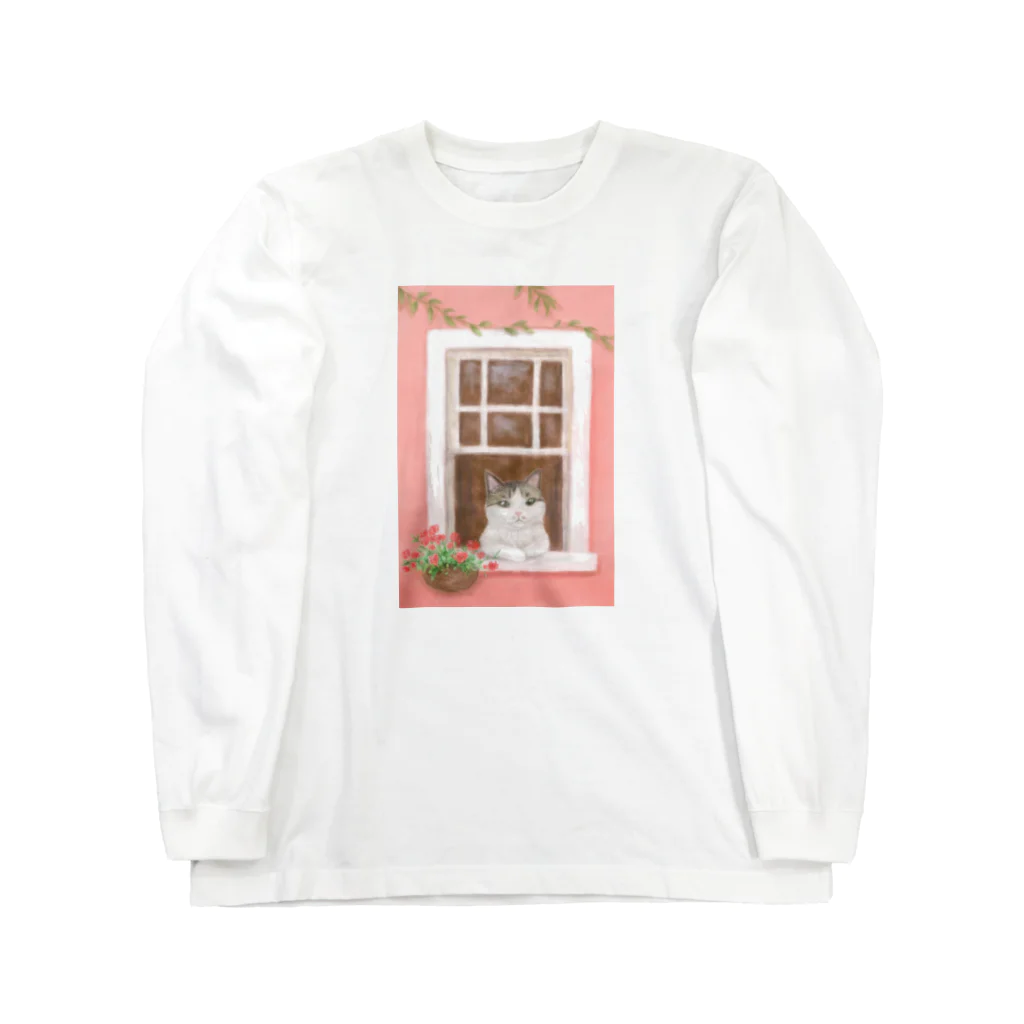 Ａｔｅｌｉｅｒ　Ｈｅｕｒｅｕｘの窓辺の猫　①　背景あり ロングスリーブTシャツ