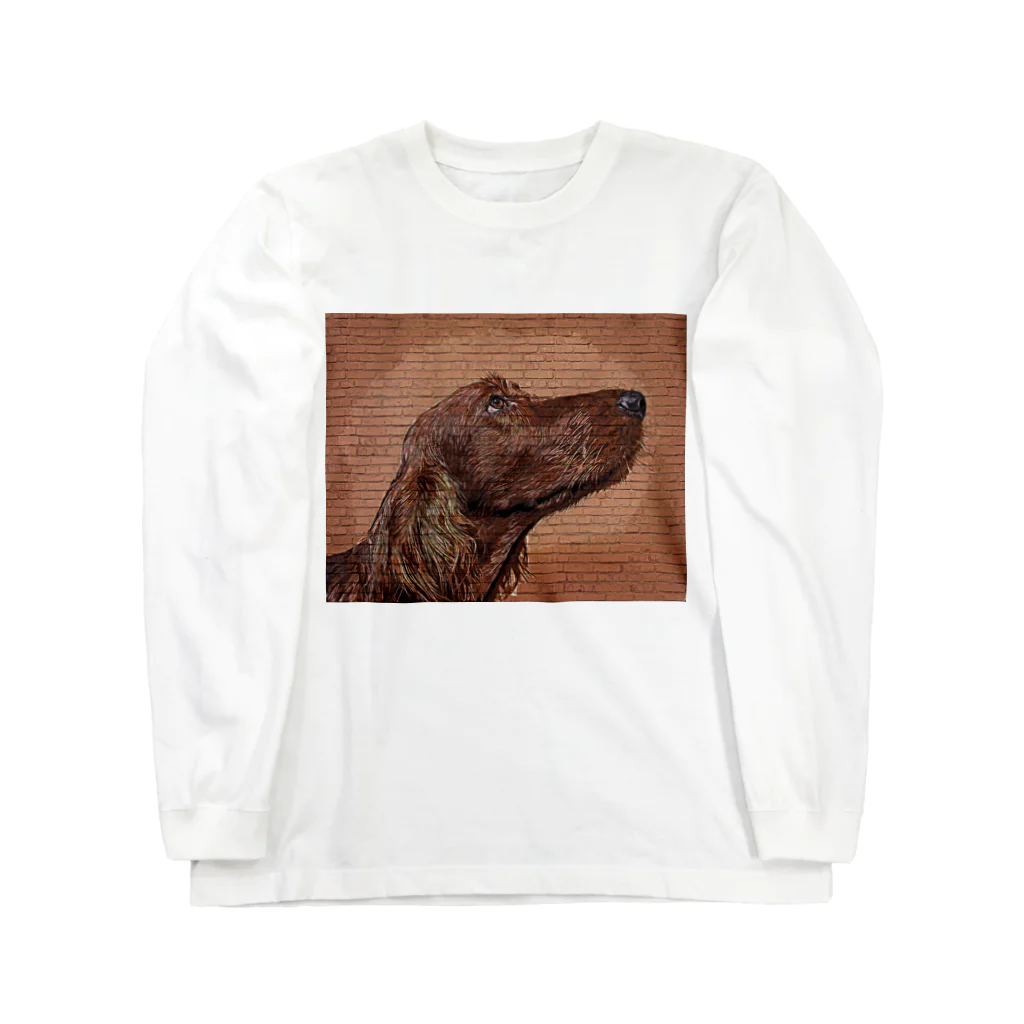 【CPPAS】Custom Pet Portrait Art Studioのアイリッシュセッタードッグ - レンガブロック背景 Long Sleeve T-Shirt