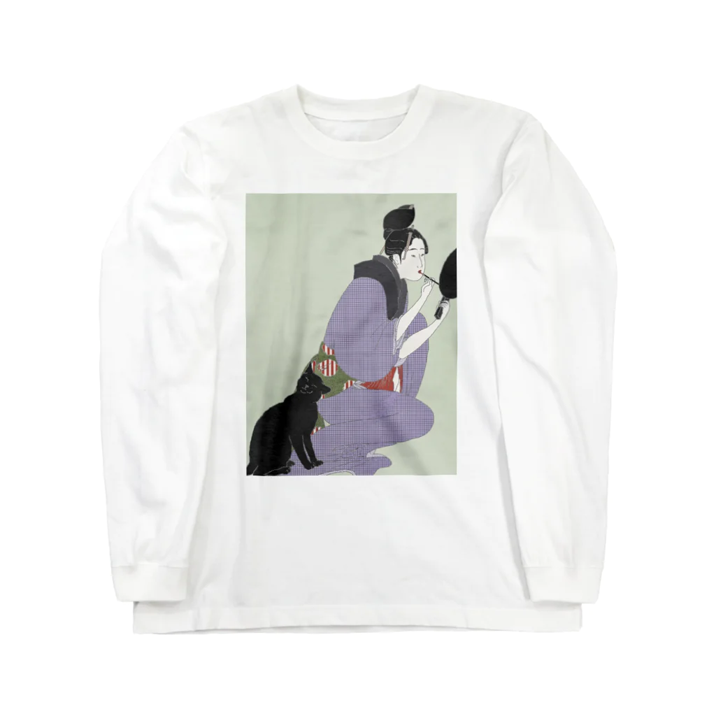 keeeeeep smilingの口紅を塗る女とスリスリする猫 Long Sleeve T-Shirt