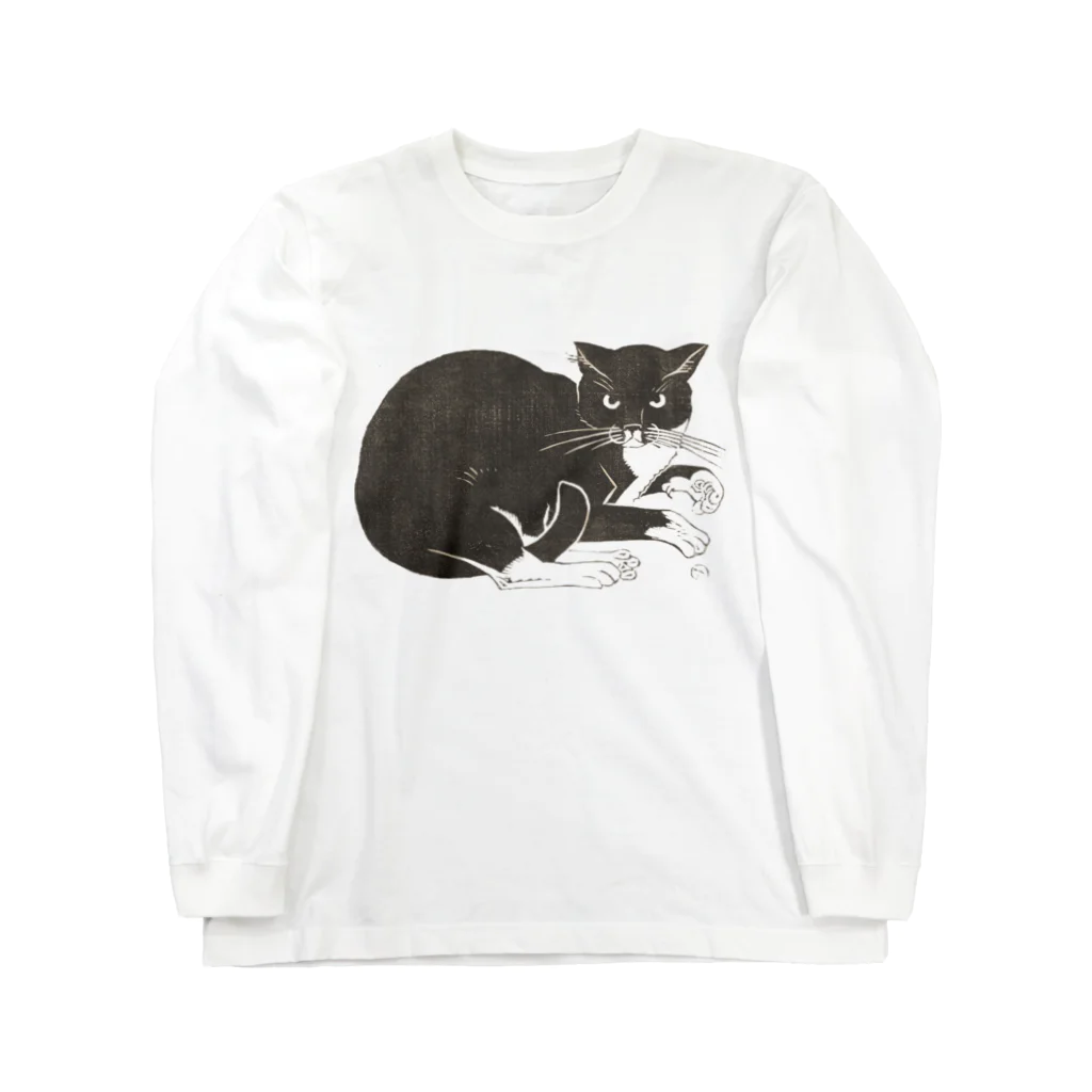 ボタニカルアートの古風な猫 ロングスリーブTシャツ