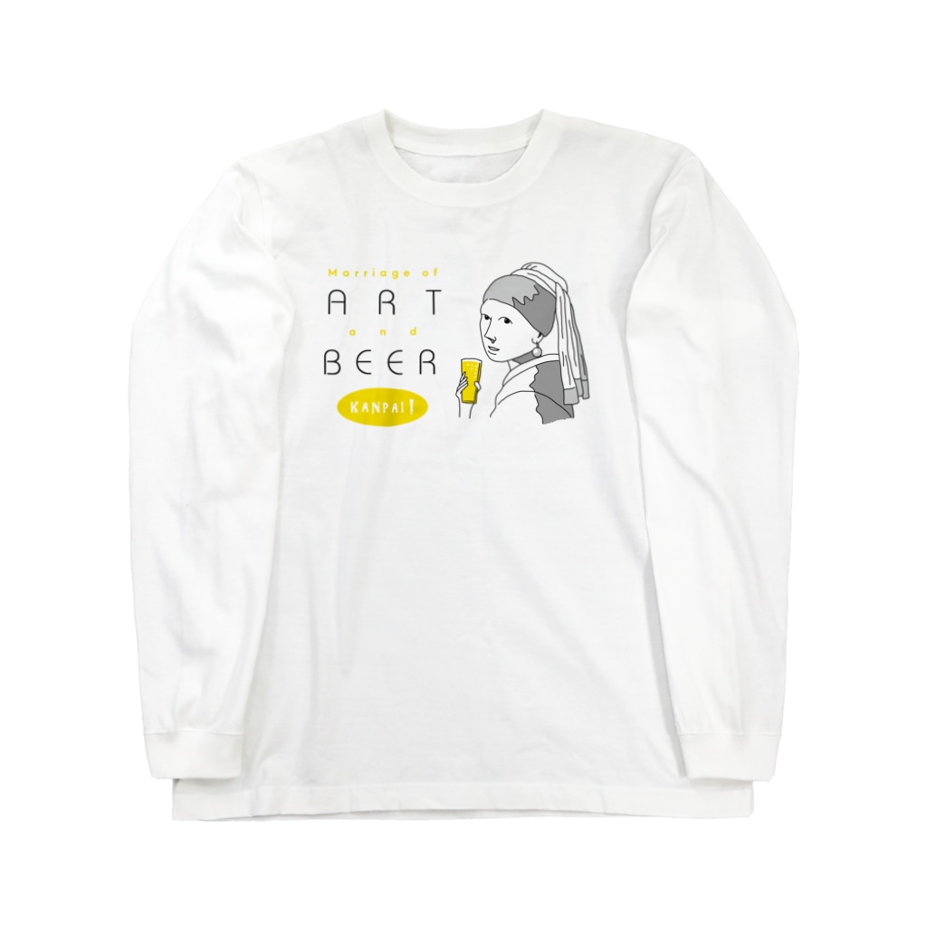 TM-3 Designの名画 × BEER（真珠の耳飾りの少女・アートとビールのマリアージュ）黒線画 Long Sleeve T-Shirt