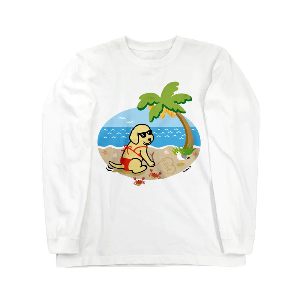 ハッピー・ラブラドールズの浜辺のイエローラブラドールビキニガール Long Sleeve T-Shirt