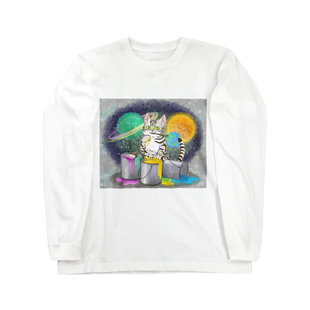 Torafare(yamachaYuka)のアメショ猫ちゃんの宇宙アート ロングスリーブTシャツ