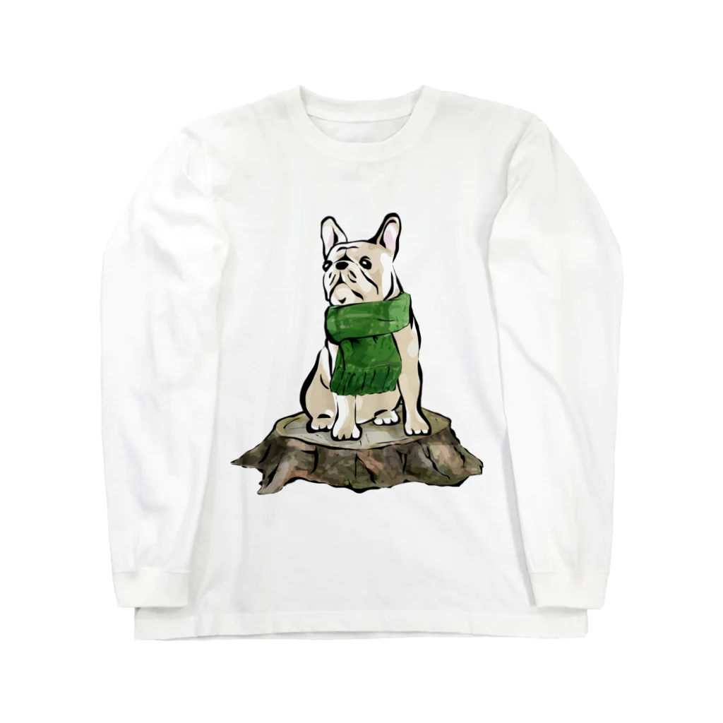 犬グッズの店しえるぶるーのマフラーを着けたフレンチブルドッグ　クリーム Long Sleeve T-Shirt