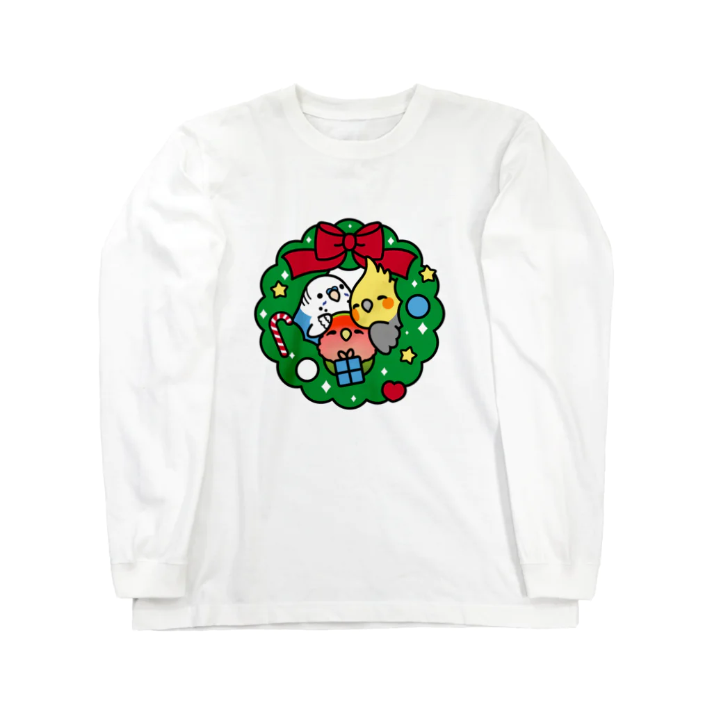 Cody the Lovebirdのクリスマスリース　セキセイインコ、オカメインコ、コザクラインコ　Chubby Bird ロングスリーブTシャツ