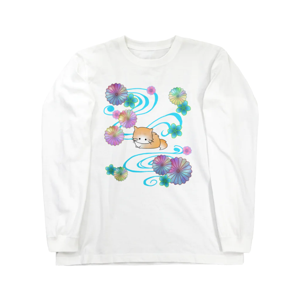 いろはにゃんこ堂のグラデーションの花と短い足の猫さん Long Sleeve T-Shirt