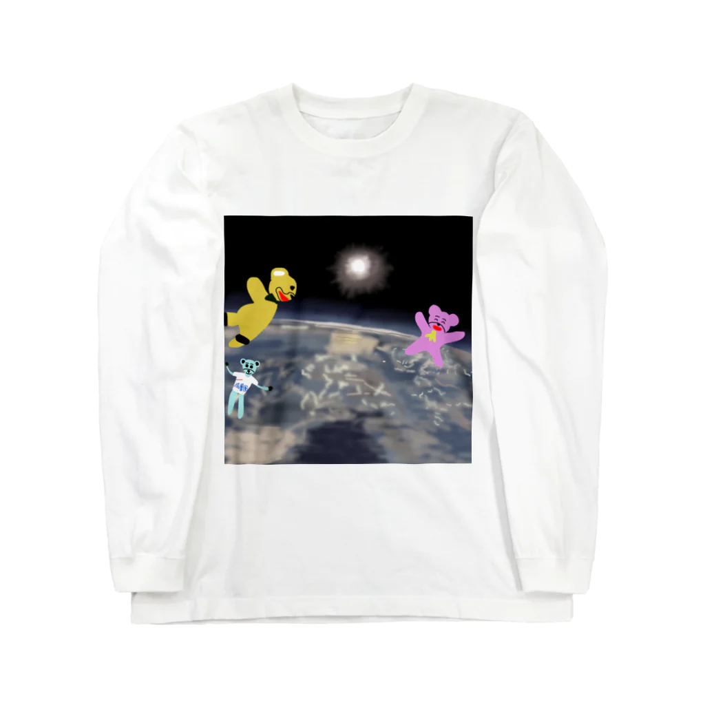 くまさん（麦食くま）の宇宙を旅するくまさん「成層圏（高度20,000m）」 ロングスリーブTシャツ