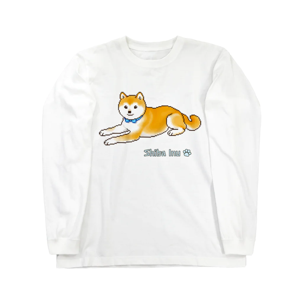 Shiba Inu Streetの水色の首輪をつけてゆったり座る柴犬のドット絵 Long Sleeve T-Shirt