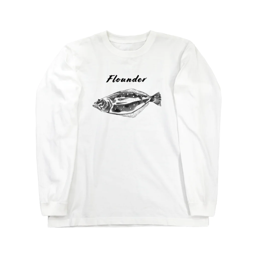 🐟日本の魚と仲間たち🦑のヒラメ - Left-eyed flounder（鮃、学名：Paralichthys olivaceus） ロングスリーブTシャツ