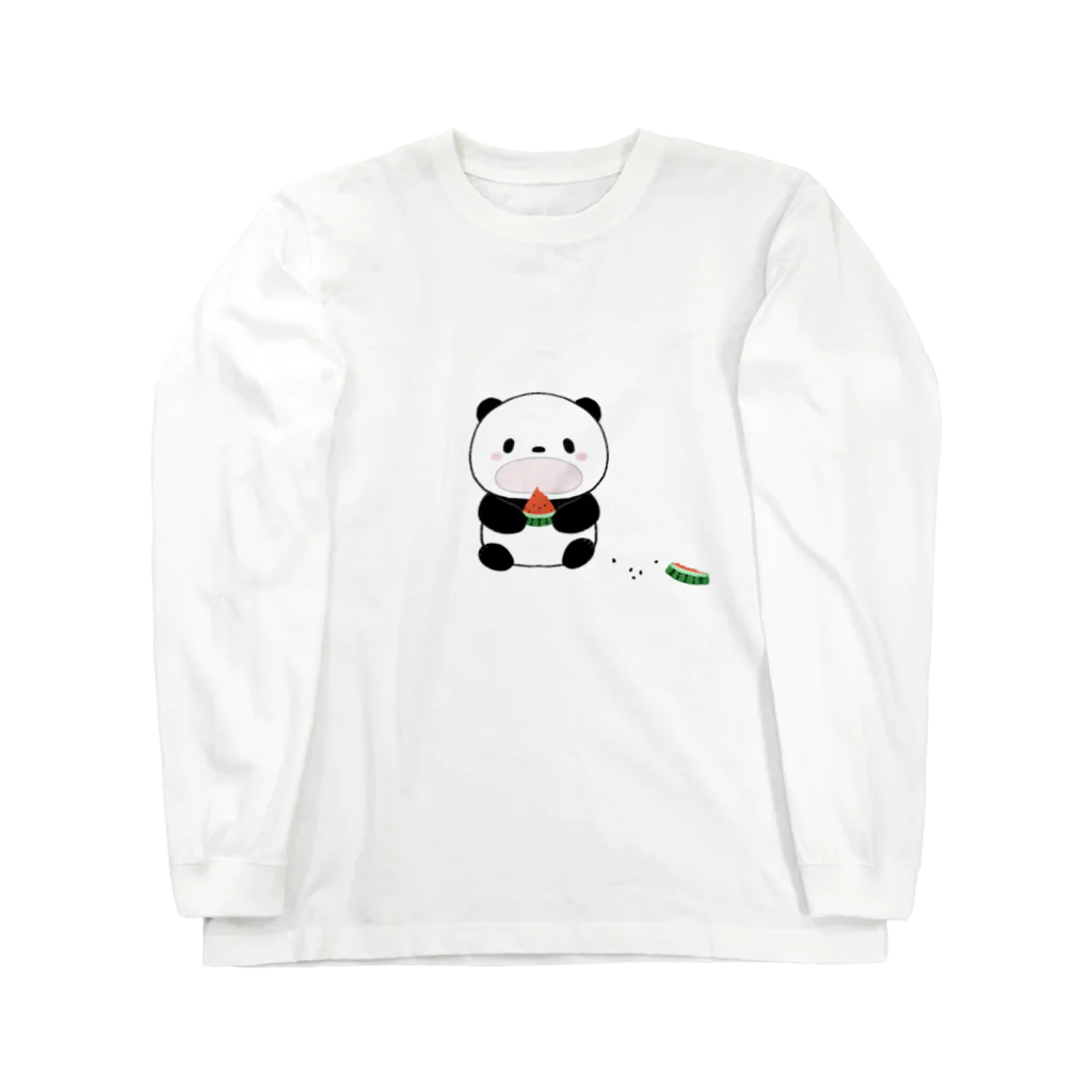 ゆきいろデザインのスイカを食べるパンダ ロングスリーブTシャツ