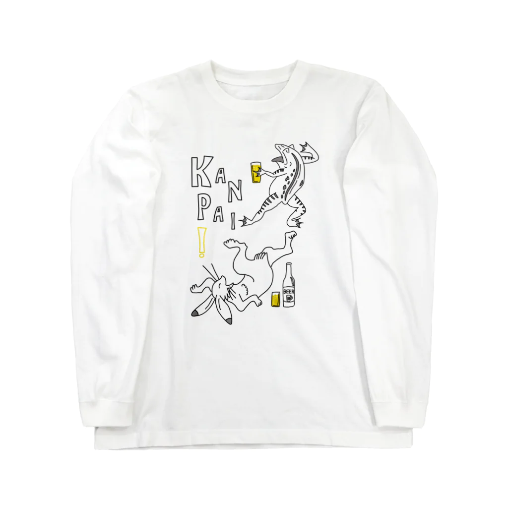 ビールとアート TM-3 Designの名画 × BEER（鳥獣戯画）ロゴ賑やかver.黒線画 Long Sleeve T-Shirt