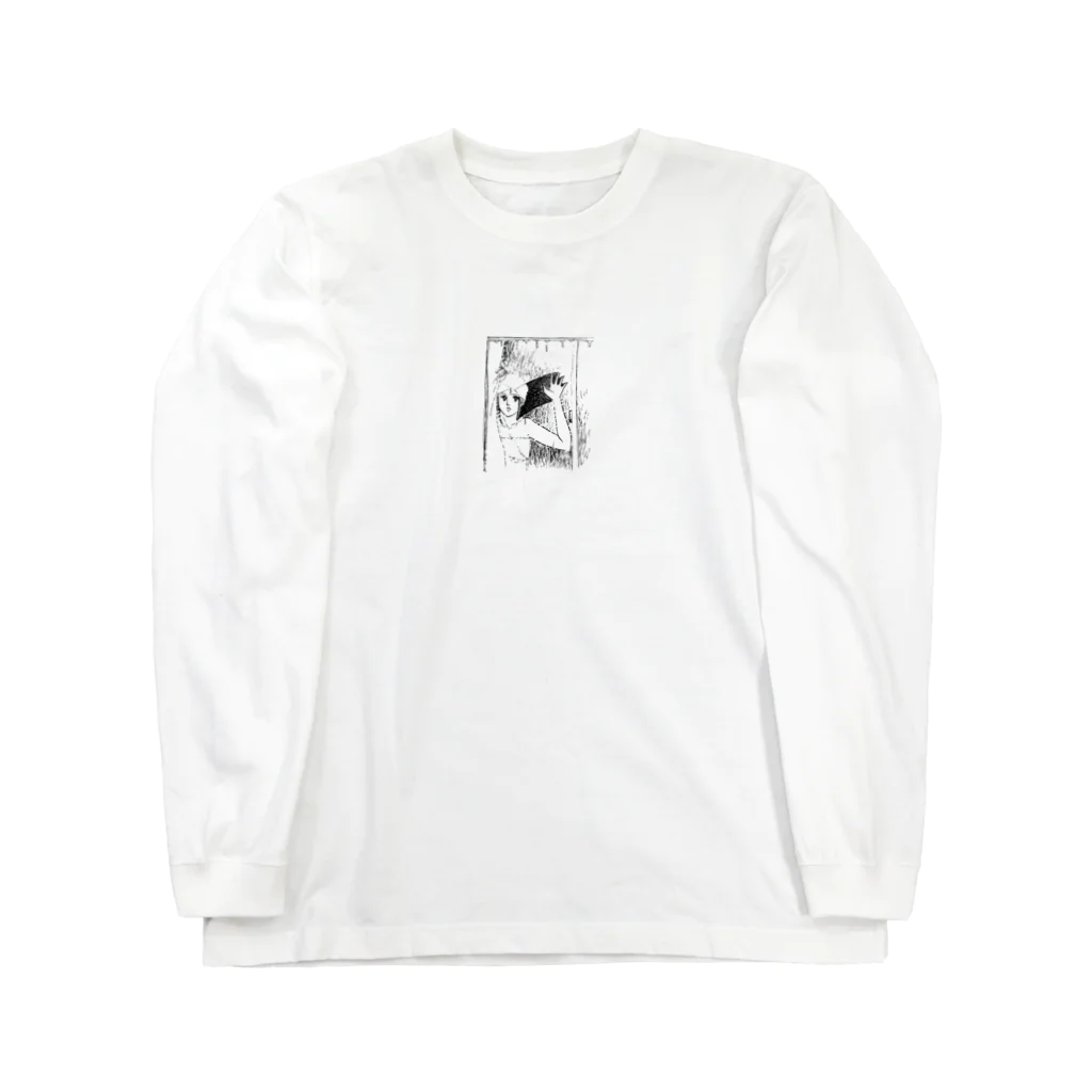 入り江わにアナログ店の曇ったガラスを拭く女 Long Sleeve T-Shirt