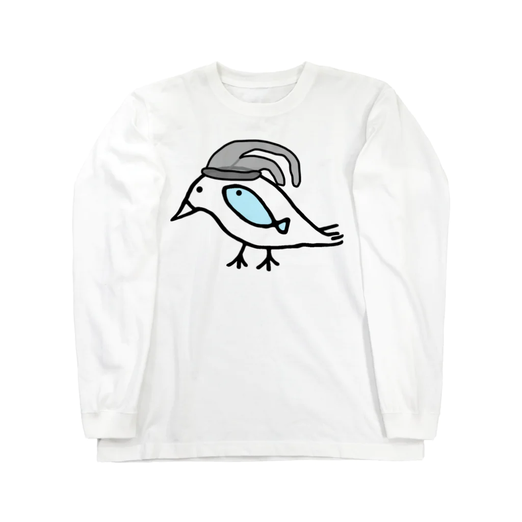 あおだま雑貨店の鳥と魚のねこぜちゃん(タイツ)*おおきめデザイン ロングスリーブTシャツ