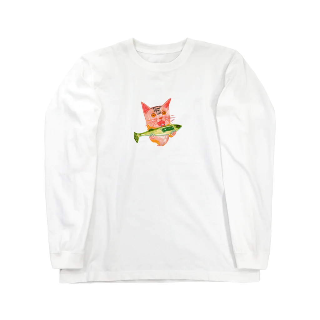 美味しそうなものやさんの秋刀魚を美味しそうに食べる猫 ロングスリーブTシャツ