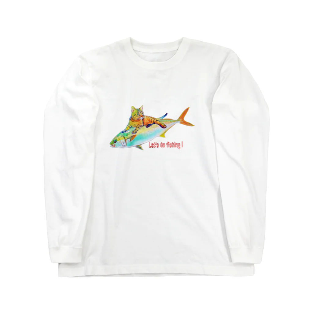 ニャンウィズのアニキのお魚ゲットだぜ 海version ロングスリーブTシャツ