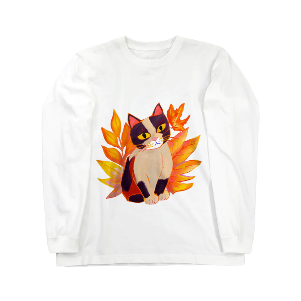 MYST_RIVENの紅葉と三毛猫 ロングスリーブTシャツ