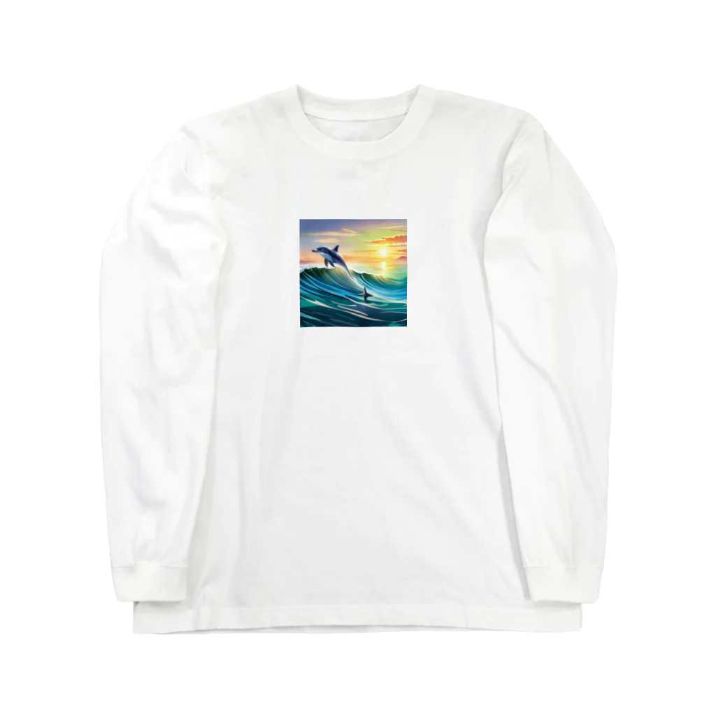 itacyoko(AIイラスト屋)の夕暮れで飛ぶイルカ Long Sleeve T-Shirt