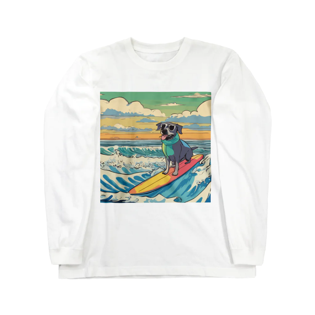 サングラス犬 sunglasses dogs【 monographic 】のsebastian-surfing（サーフィンに乗るセバスチャン） Long Sleeve T-Shirt