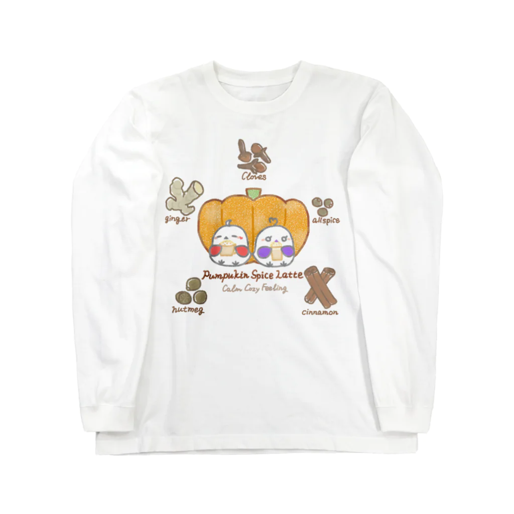 紅い羽の子 -ひよことぴよめろ-のパンプキンスパイスラテを飲みたいひよこ ロングスリーブTシャツ