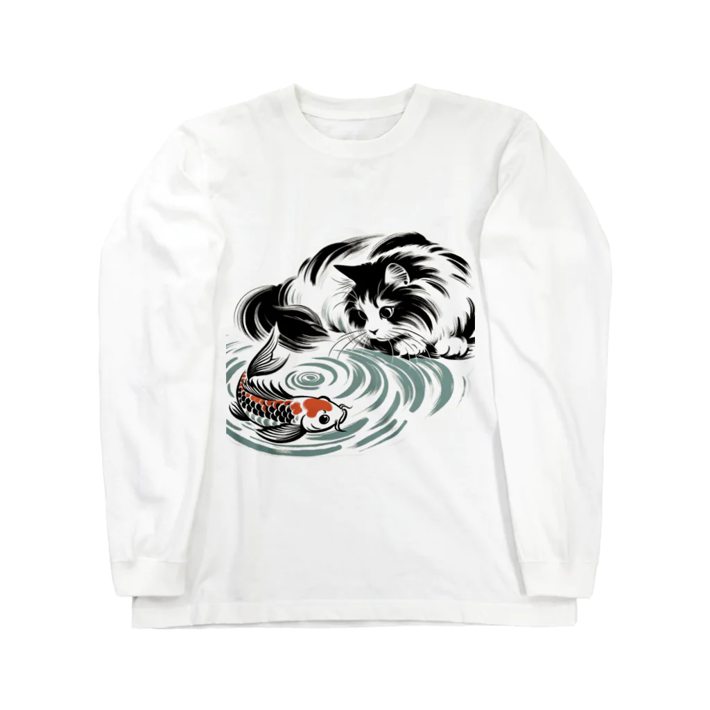 MakotOの猫と鯉（水墨画風） Long Sleeve T-Shirt