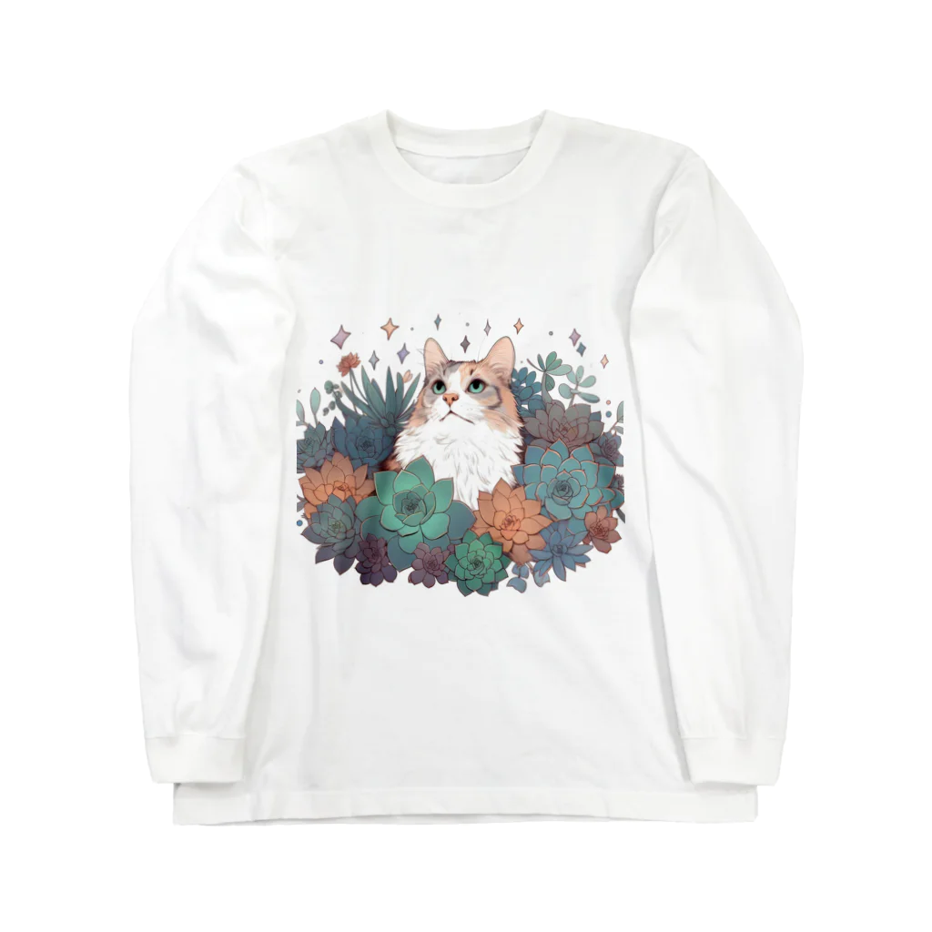 わんにゃんsucculentの猫と多肉 ロングスリーブTシャツ