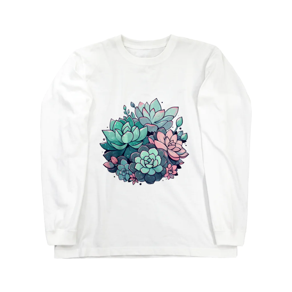 わんにゃんsucculentの多肉植物のイラスト ロングスリーブTシャツ